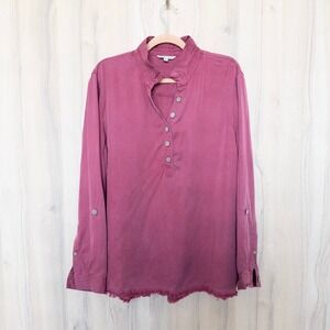John Mark Womens Button Up Blouse Size XL Pink Raw Hem Long Sleeve Boho Casual